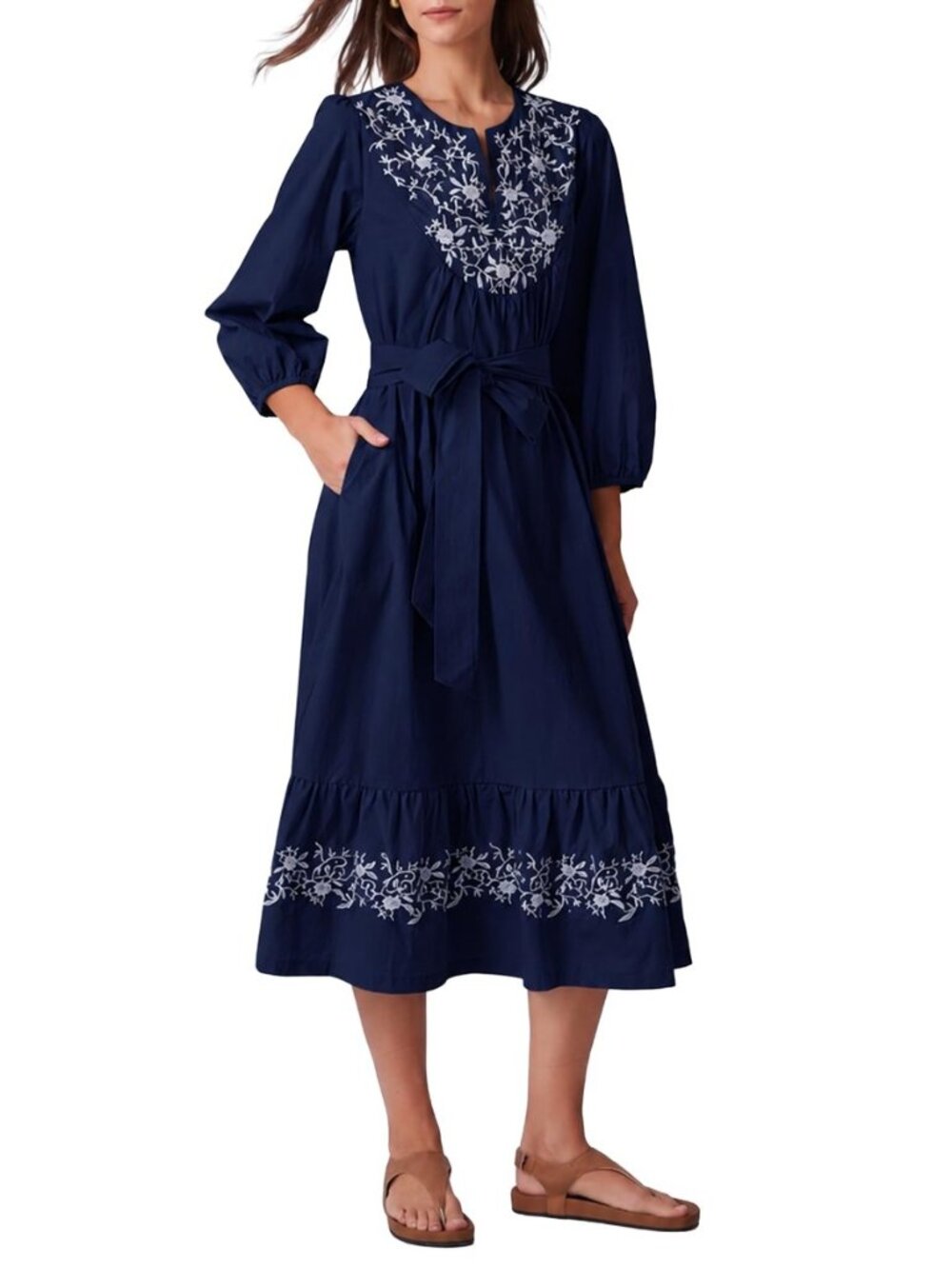 Women Fall Midi Dress Summer 3/4 Sleeve Embroidered Dress for Women